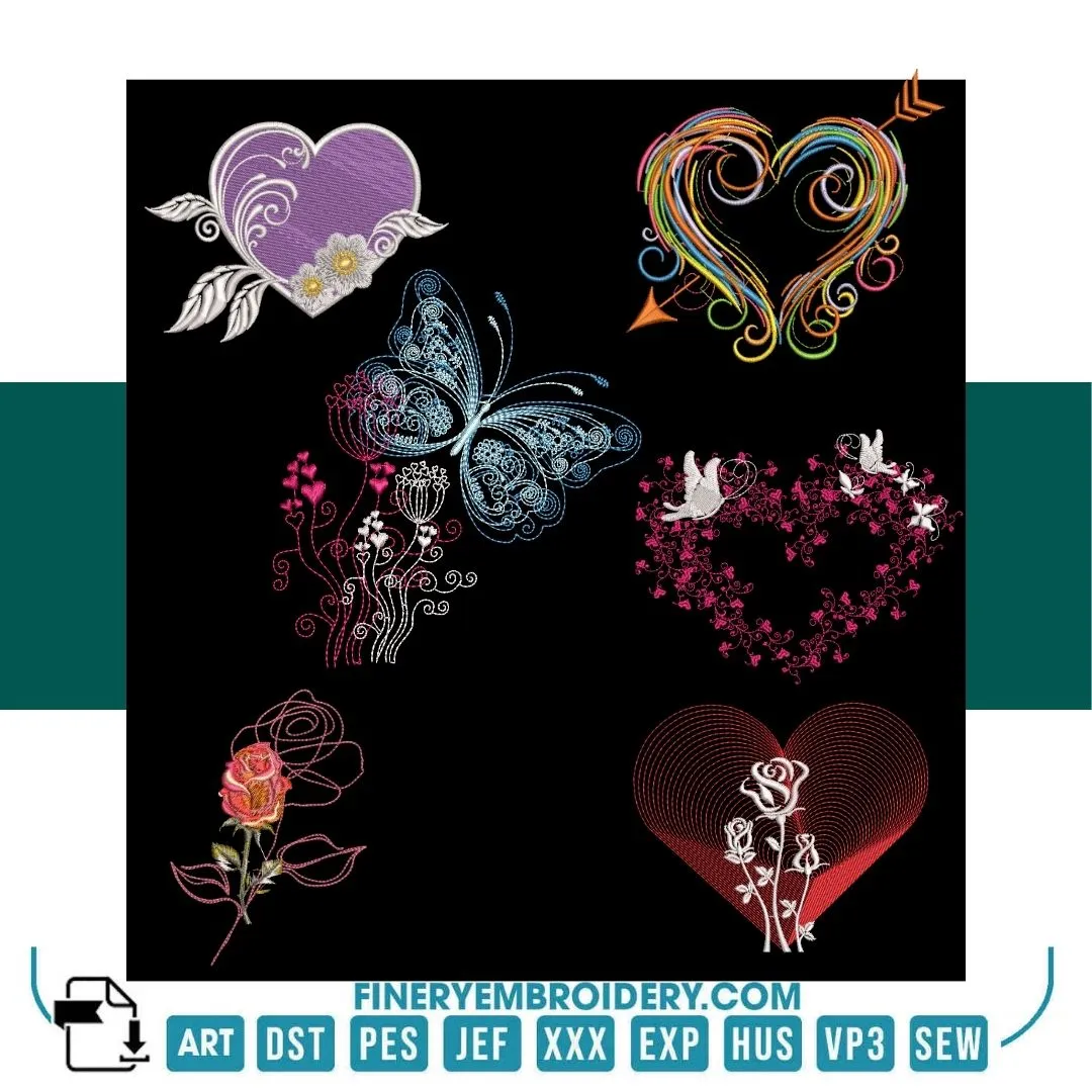 17 Unique Heart-Themed Embroidery Designs Pack - Intricate Love & Floral Patterns