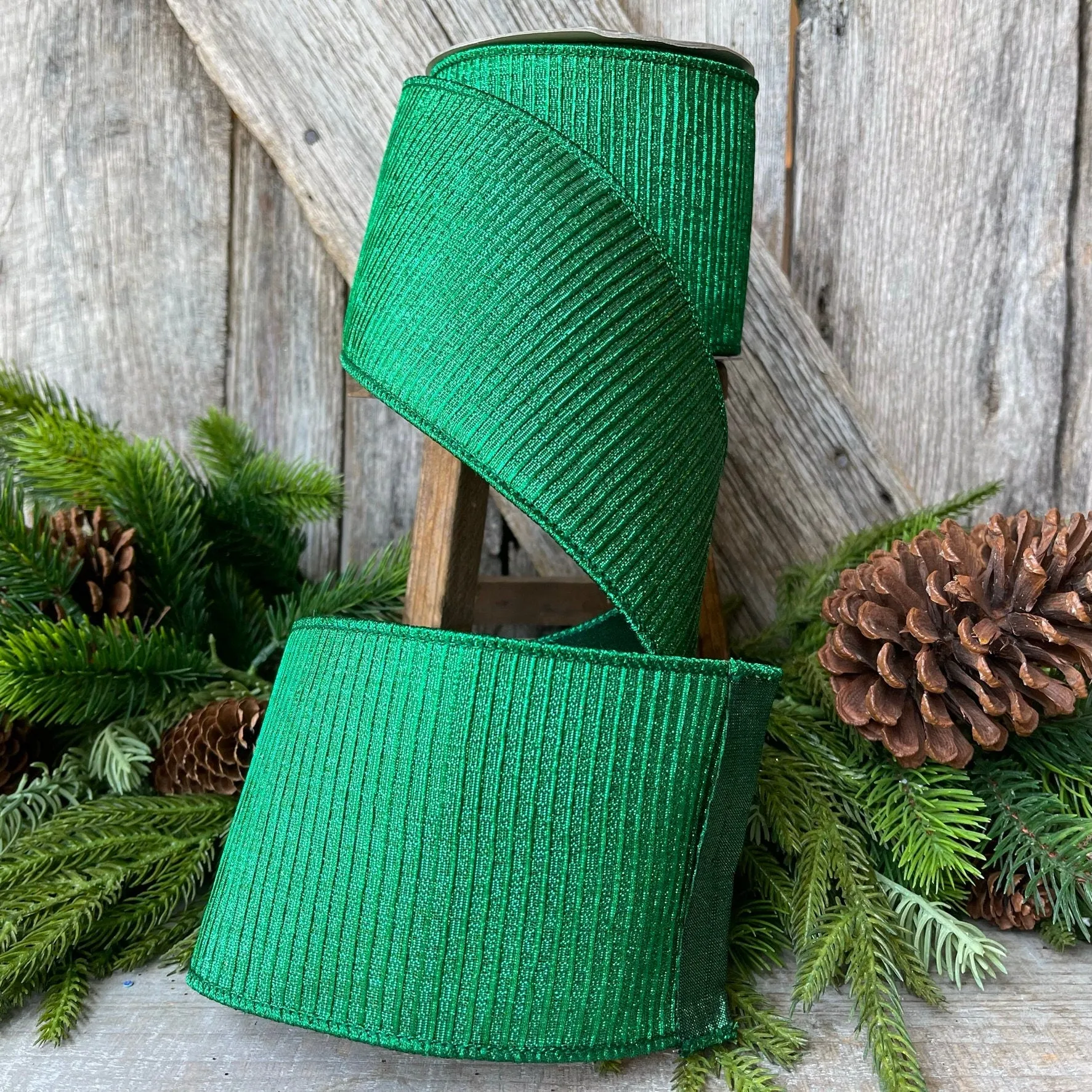 4" Emerald Green Pleated Metallic Ribbon, Farrisilk Ribbon,Wired Ribbon