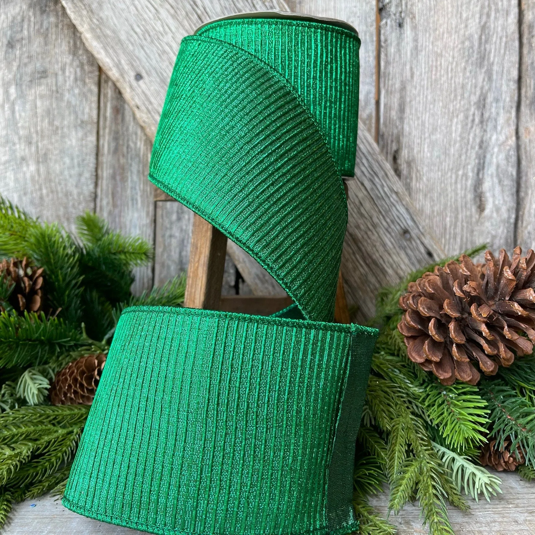 4" Emerald Green Pleated Metallic Ribbon, Farrisilk Ribbon,Wired Ribbon