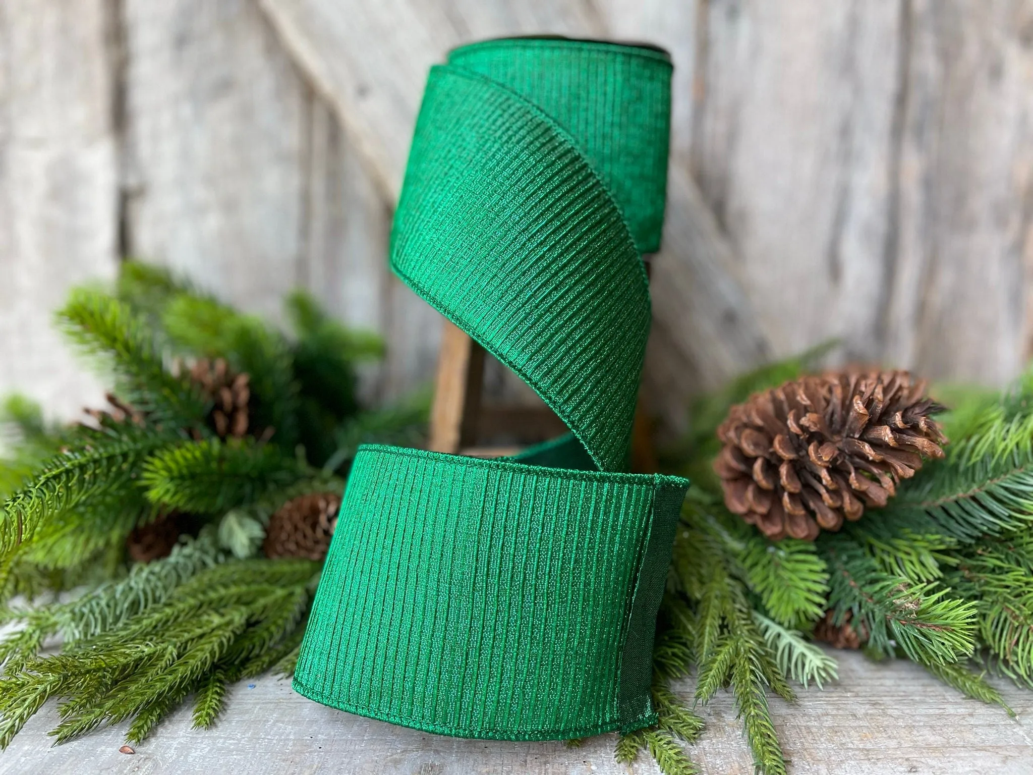 4" Emerald Green Pleated Metallic Ribbon, Farrisilk Ribbon,Wired Ribbon