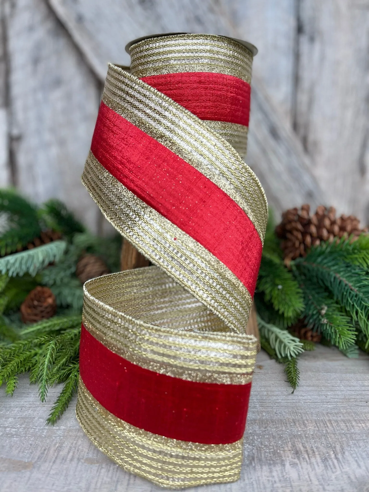 4" Red Gold Metallic Borders Ribbon, Farrisilk Ribbon