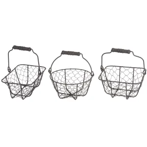 All-Purpose Display Baskets in 3 Shapes, Gray Metal Wire with Wood Handle, Rectangle- 5 Inches, Square- 6.75 Inches and Circle- 7.5 Inches