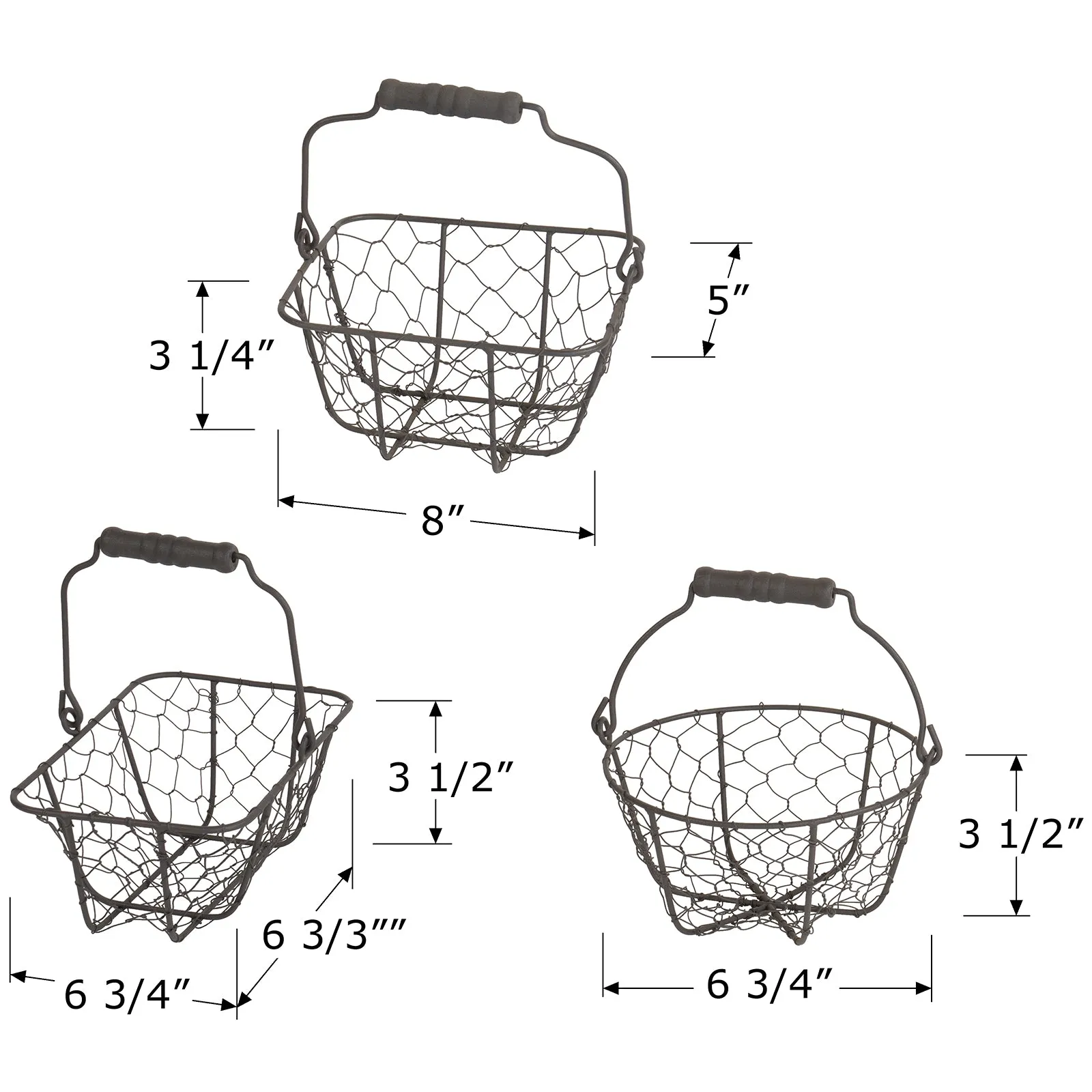 All-Purpose Display Baskets in 3 Shapes, Gray Metal Wire with Wood Handle, Rectangle- 5 Inches, Square- 6.75 Inches and Circle- 7.5 Inches