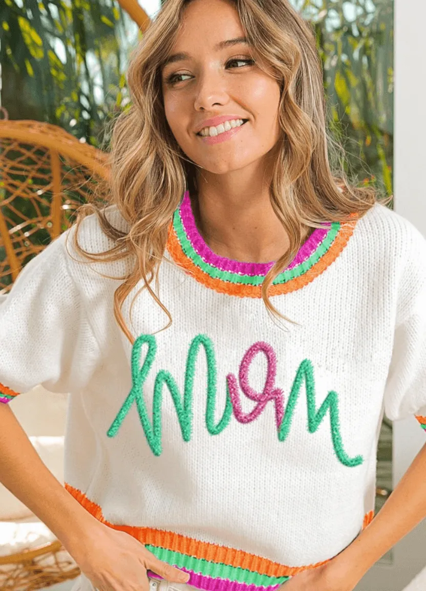 BiBi "MoM" Metallic Letter Short Sleeve Sweater Top IP6625-36