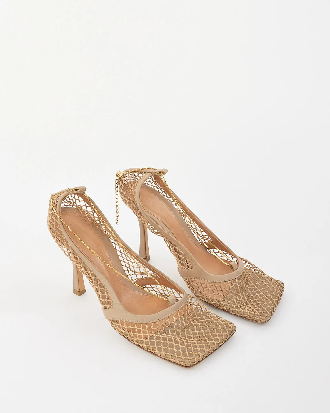 Bottega Veneta Beige Mesh Chain Link Accents Stretch Pumps - 38.5