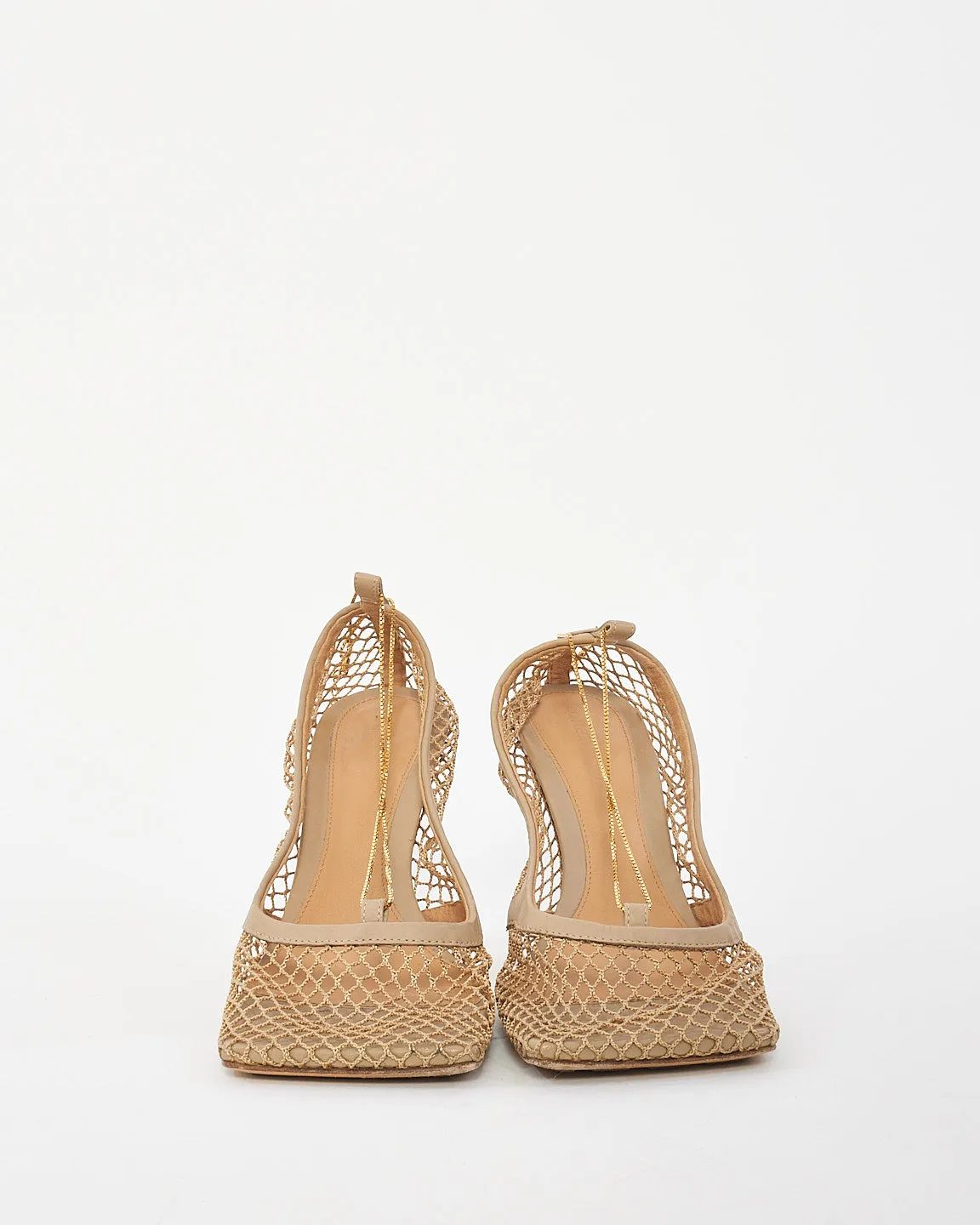 Bottega Veneta Beige Mesh Chain Link Accents Stretch Pumps - 38.5