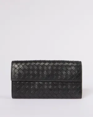 Bottega Veneta Black Intrecciato Leather Continental Flap Wallet