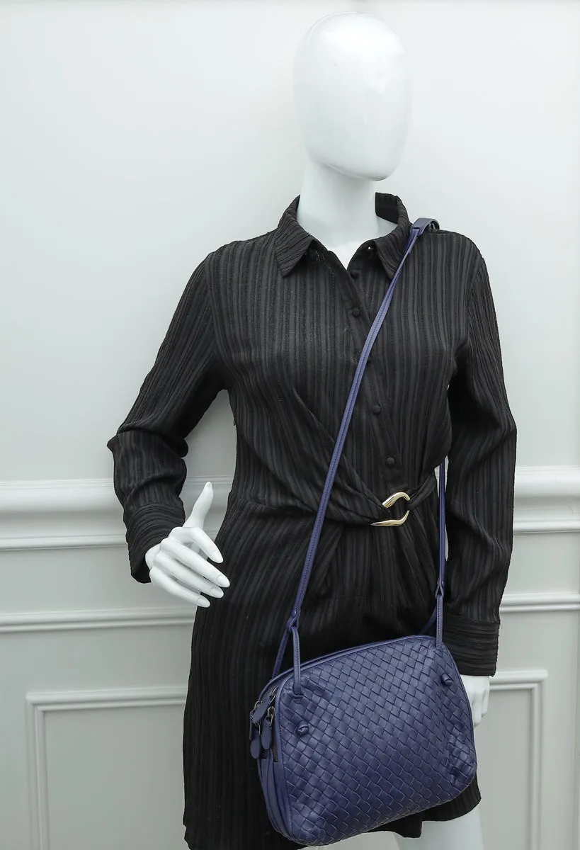 Bottega Veneta Navy Blue Intrecciato Nappa Nodini Double Zip Crossbody Bag