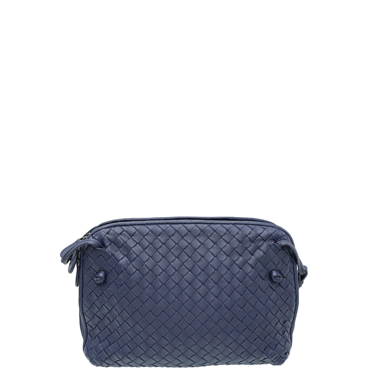 Bottega Veneta Navy Blue Intrecciato Nappa Nodini Double Zip Crossbody Bag