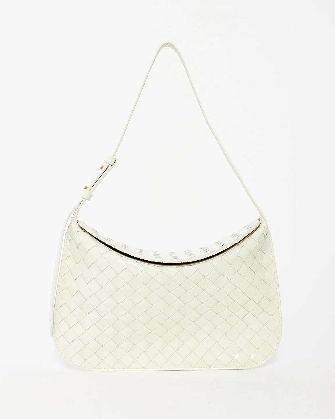 Bottega Veneta White Patent Intrecciato Leather Flap Cradle Foldover Shoulder Bag