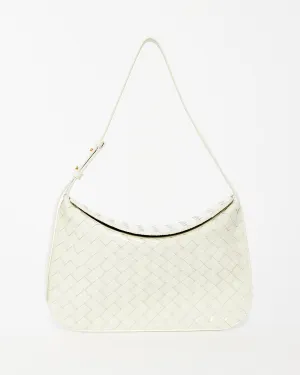 Bottega Veneta White Patent Intrecciato Leather Flap Cradle Foldover Shoulder Bag