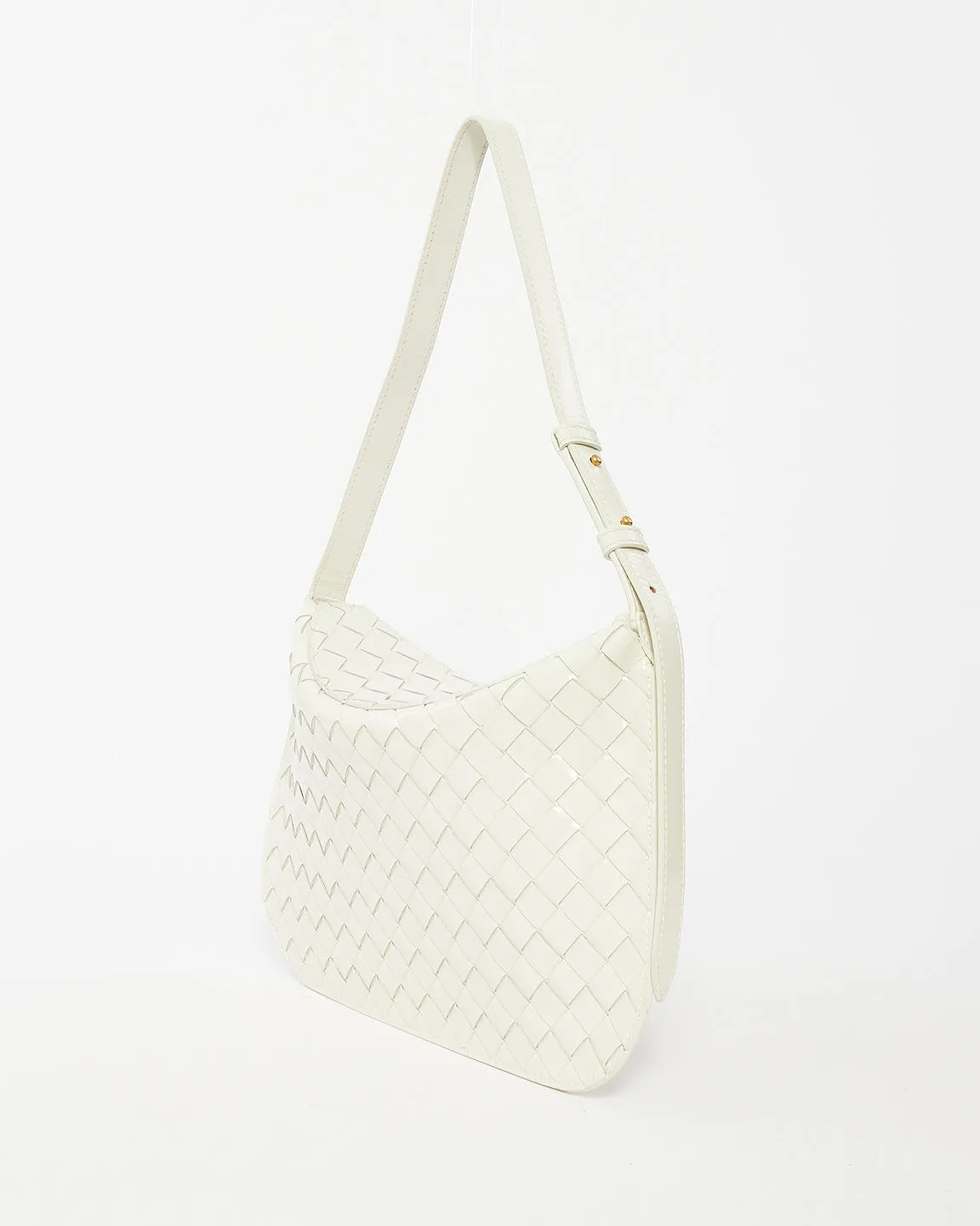 Bottega Veneta White Patent Intrecciato Leather Flap Cradle Foldover Shoulder Bag