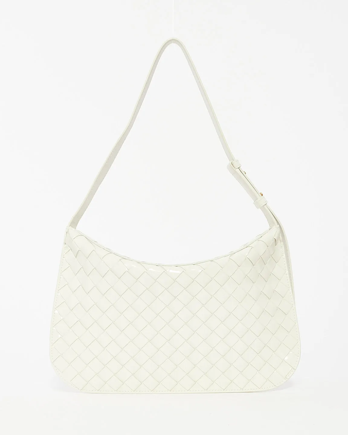 Bottega Veneta White Patent Intrecciato Leather Flap Cradle Foldover Shoulder Bag