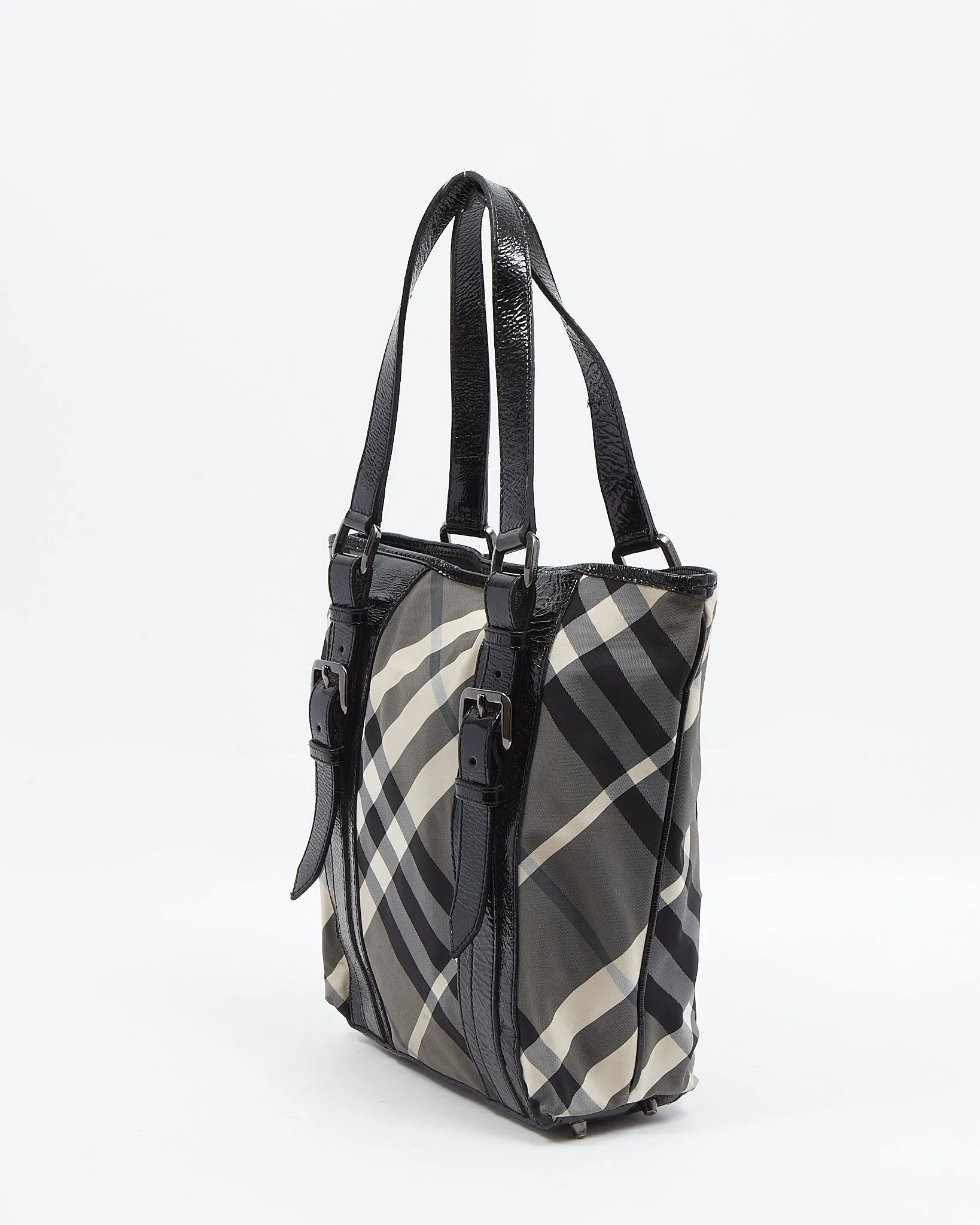 Burberry Grey Nova Check Canvas & Patent Leather Tote Bag