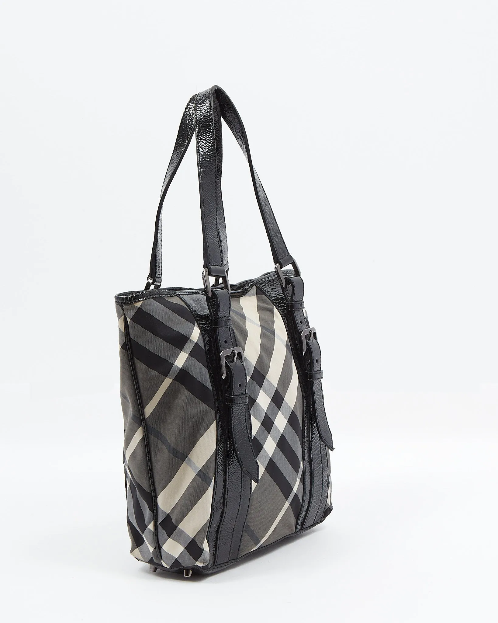 Burberry Grey Nova Check Canvas & Patent Leather Tote Bag