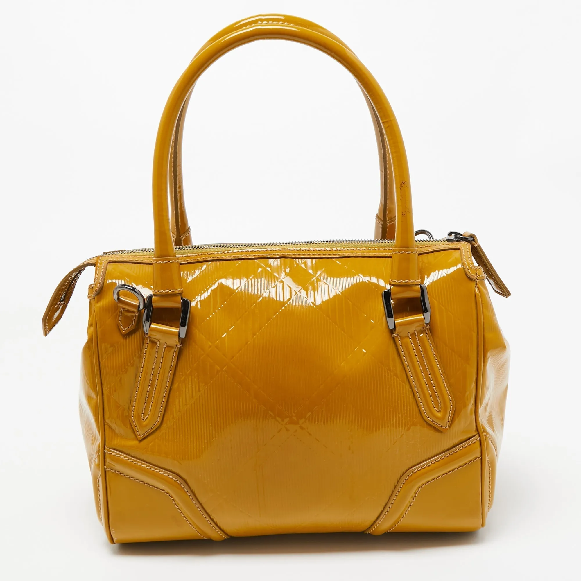 BURBERRY Mustard Patent Leather Top Zip Tote