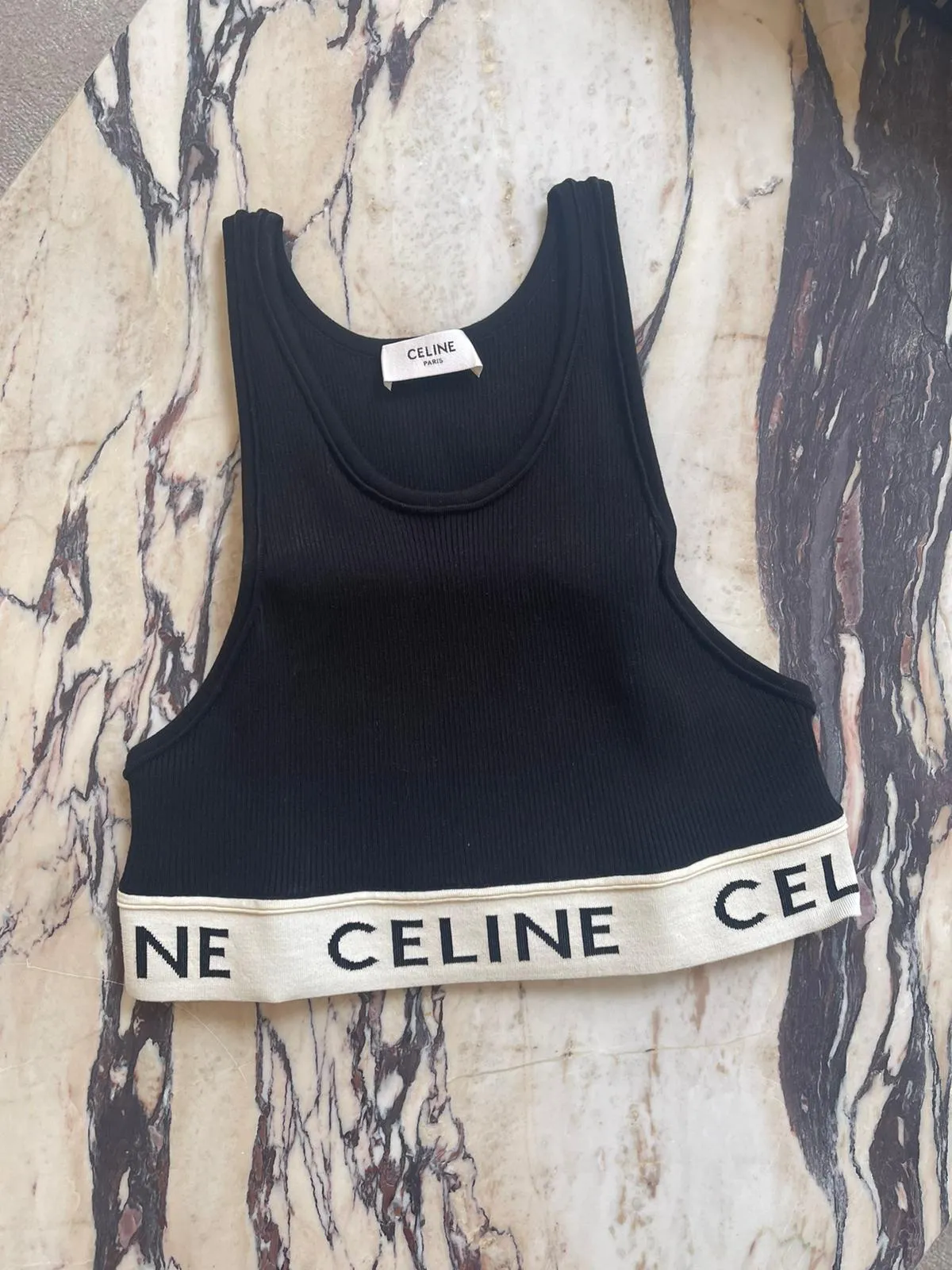 Celine Athletic Knit Striped Bra Top (Black)