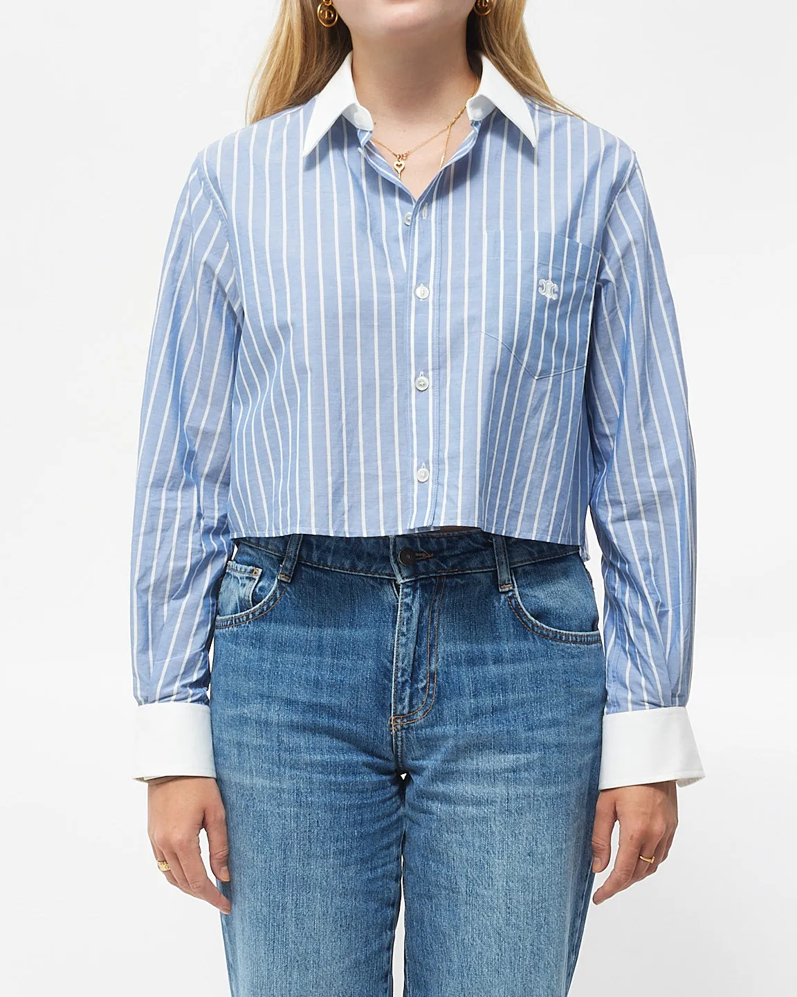 Celine Blue & White Striped Cotton Logo Cropped Button Down Shirt - 34