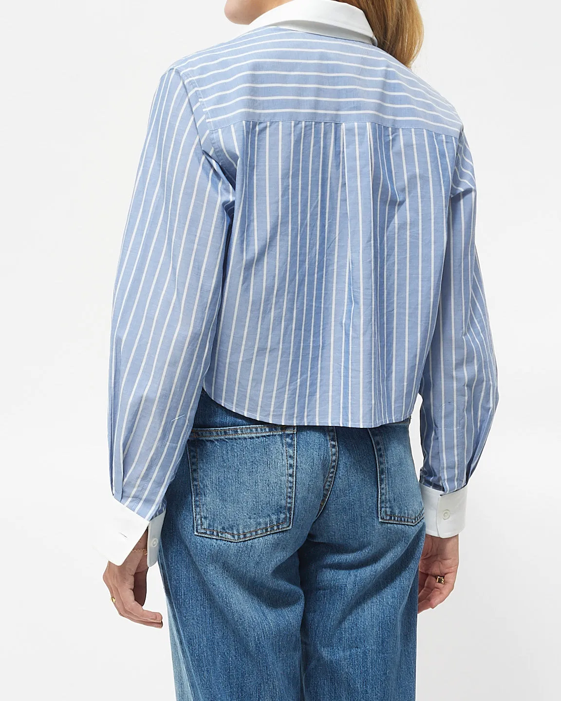 Celine Blue & White Striped Cotton Logo Cropped Button Down Shirt - 34