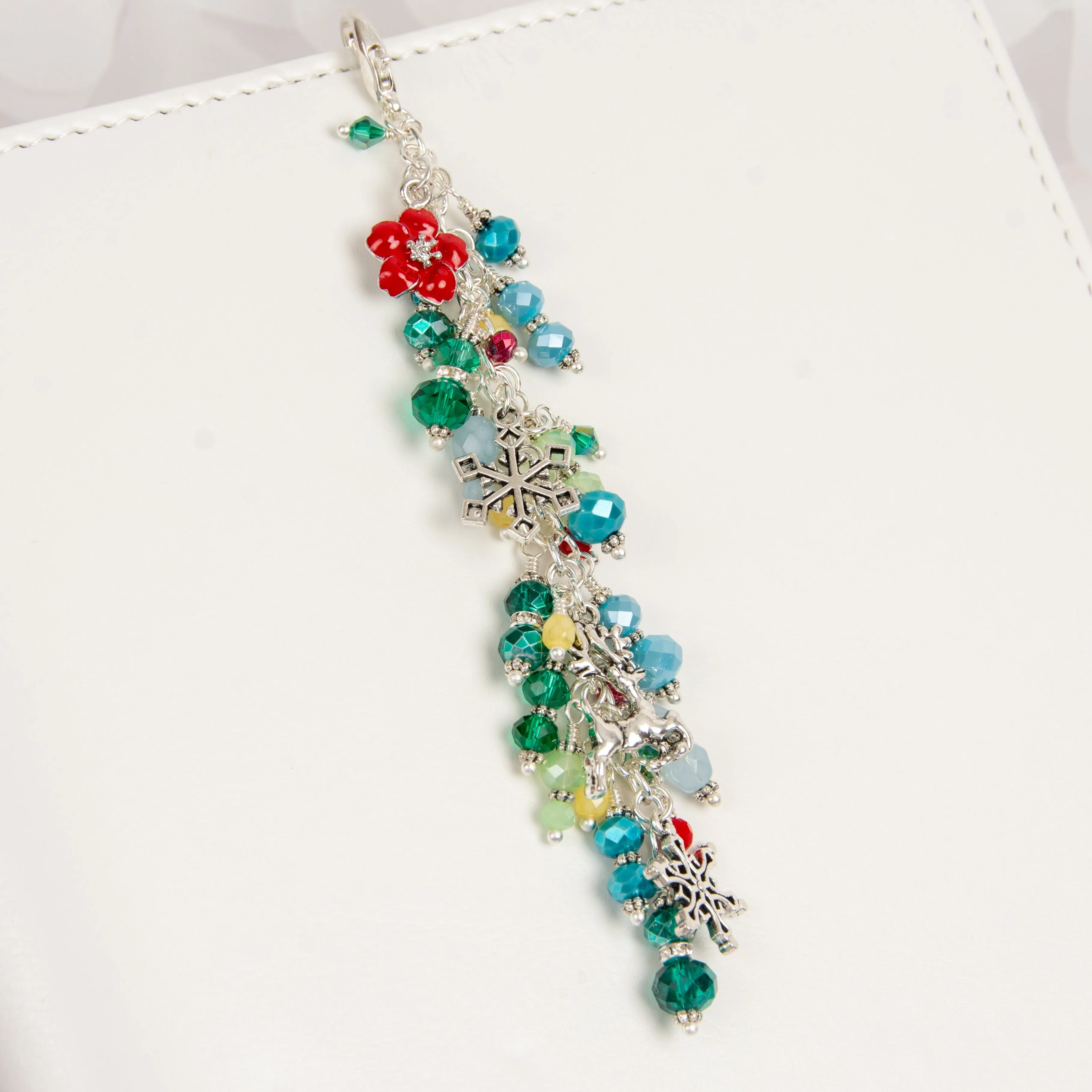 Cranberry Rose Dangle Planner Charm with Red Flower, Deer and Snowflake Charms and Red, Green, Blue and Yellow Crystals