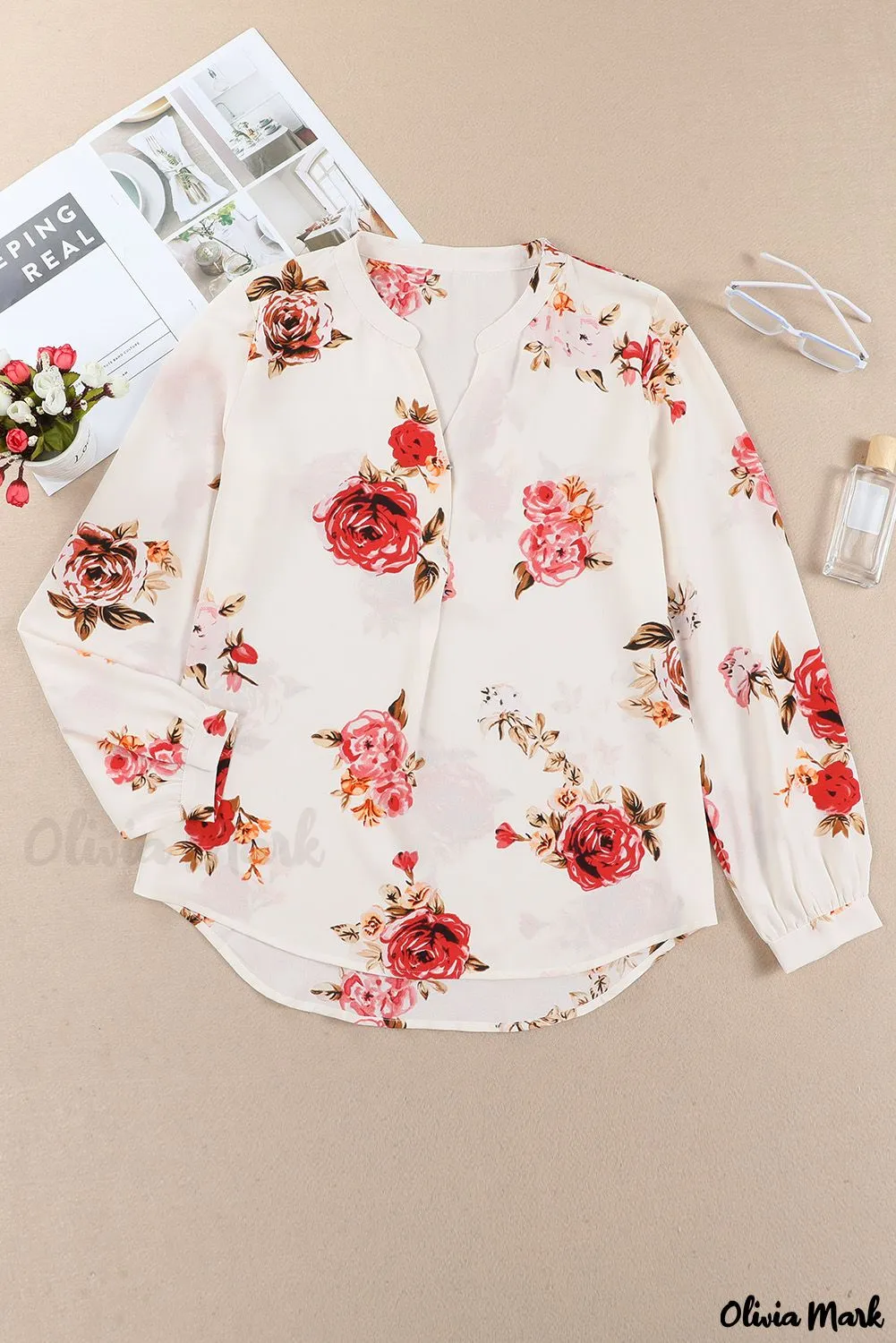 Deanwangkt - Beige Floral Print V-Neck Button Down Blouse