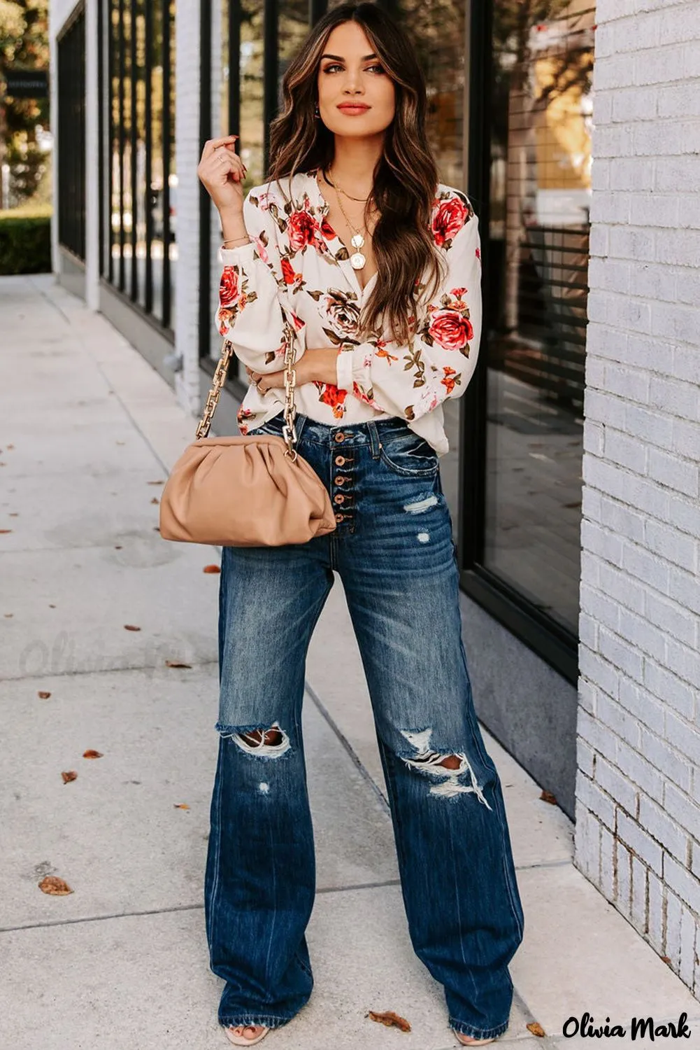 Deanwangkt - Beige Floral Print V-Neck Button Down Blouse