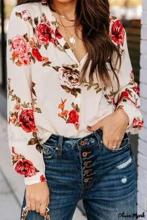 Deanwangkt - Beige Floral Print V-Neck Button Down Blouse