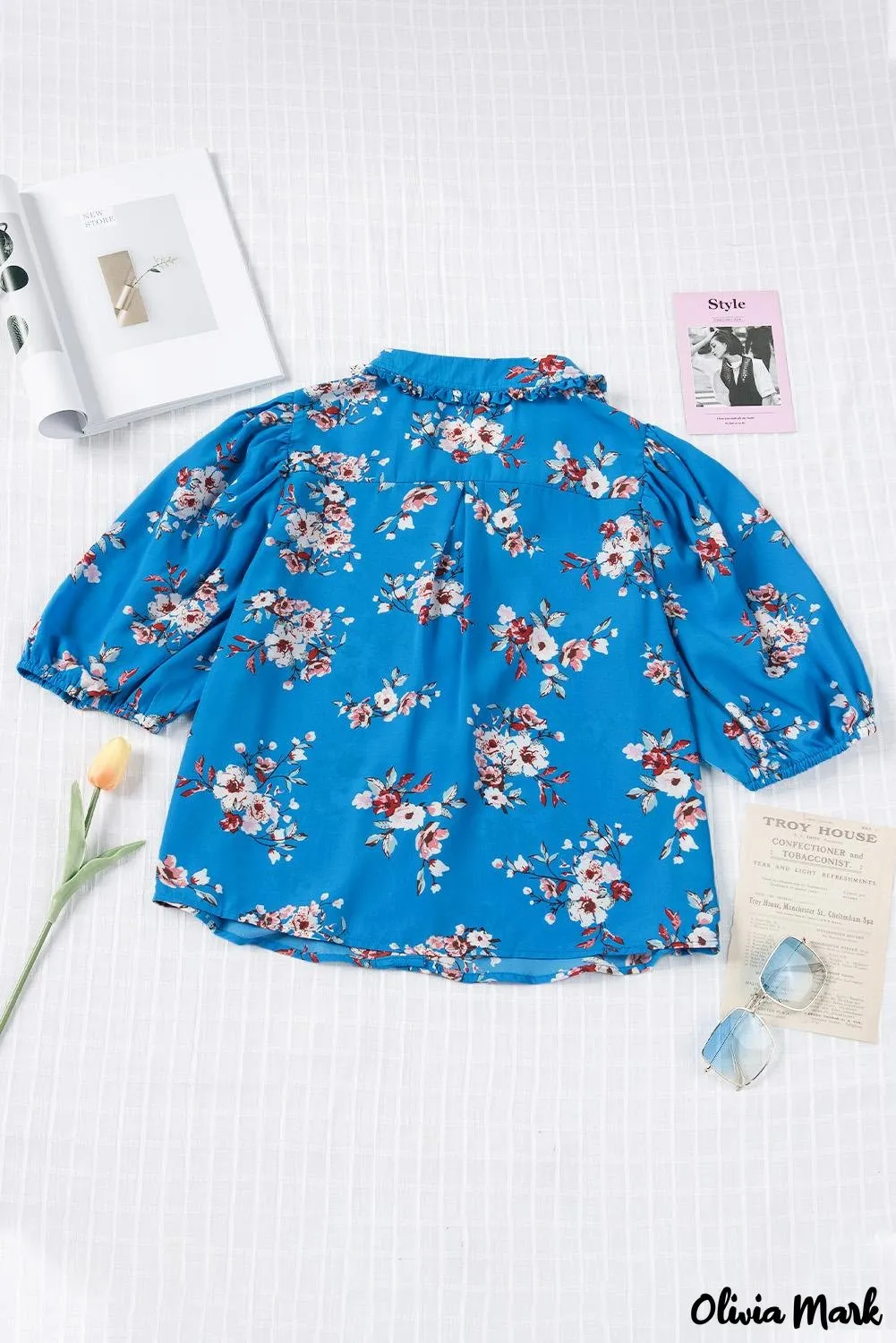 Deanwangkt - Blue Floral Print Button Up Puff Sleeve Blouse