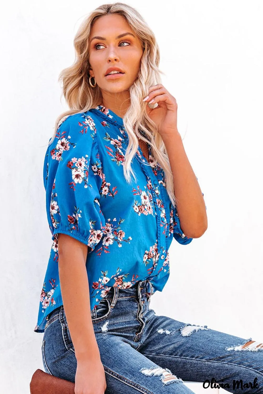 Deanwangkt - Blue Floral Print Button Up Puff Sleeve Blouse