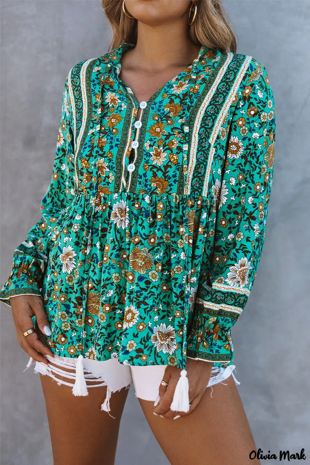 Deanwangkt - Bohemian green blouse with floral print and peplum with long sleeves