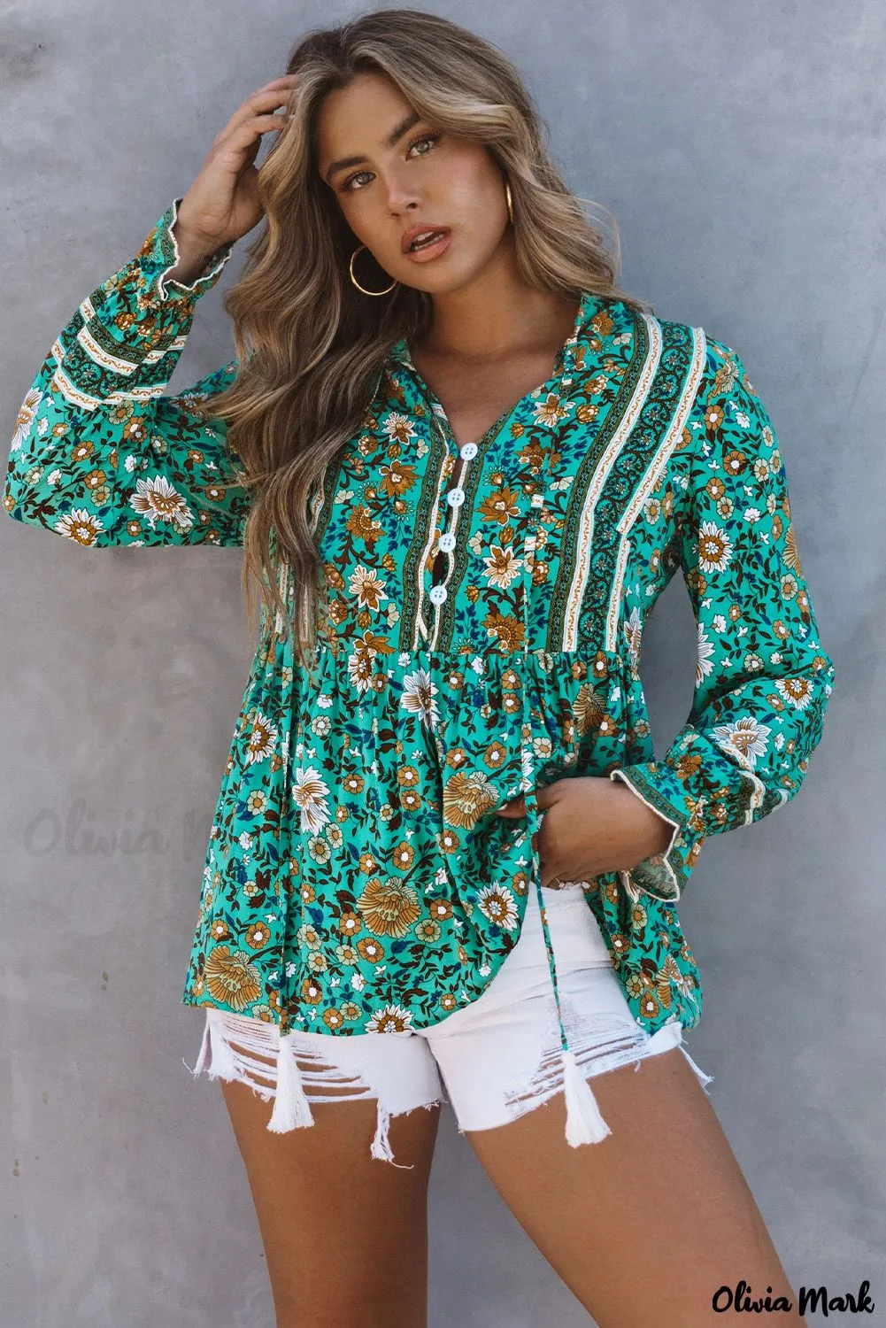 Deanwangkt - Bohemian green blouse with floral print and peplum with long sleeves