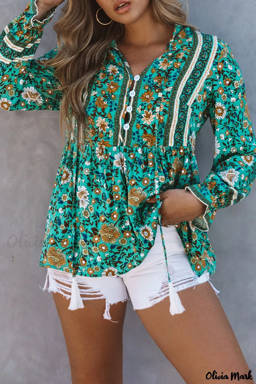 Deanwangkt - Bohemian green blouse with floral print and peplum with long sleeves