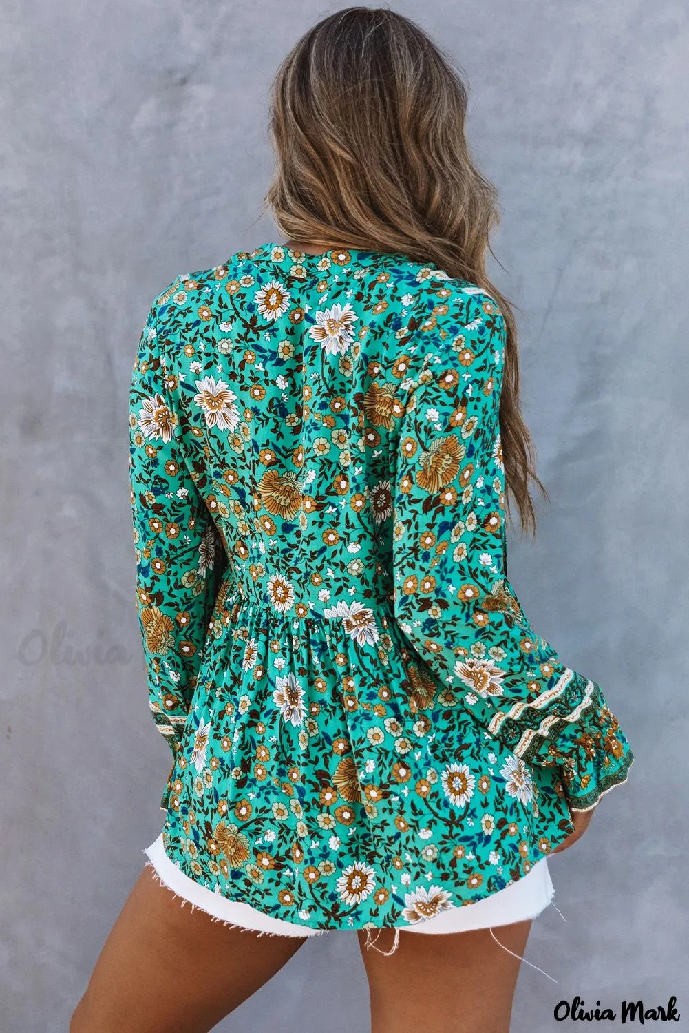 Deanwangkt - Bohemian green blouse with floral print and peplum with long sleeves