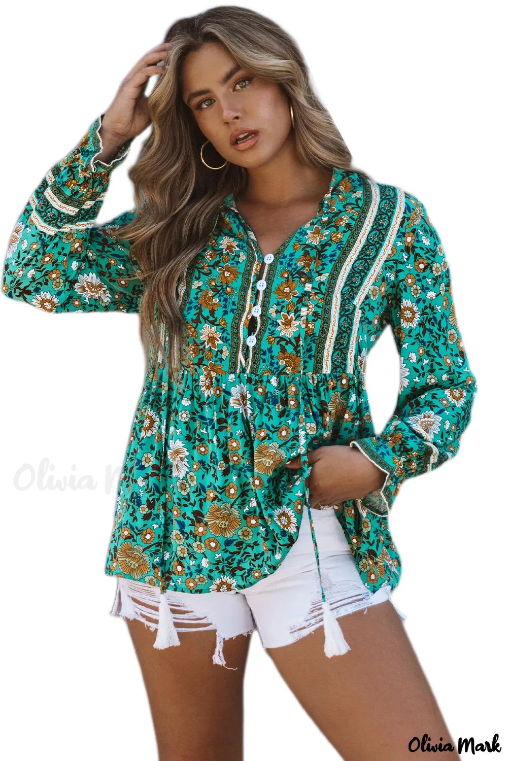 Deanwangkt - Bohemian green blouse with floral print and peplum with long sleeves