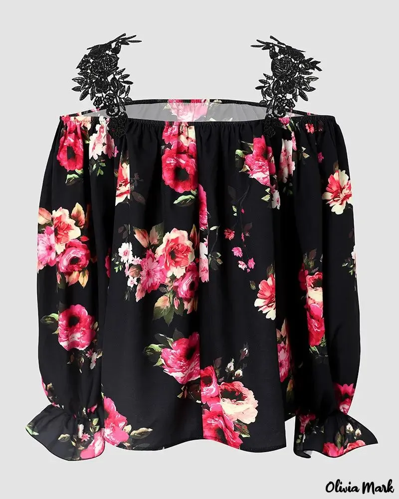 Deanwangkt - Floral Print Lace Patch Off Shoulder Top