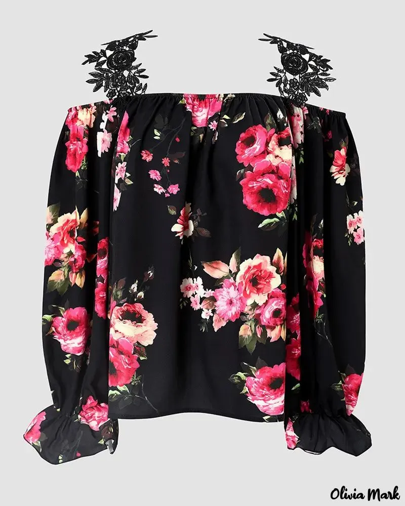 Deanwangkt - Floral Print Lace Patch Off Shoulder Top