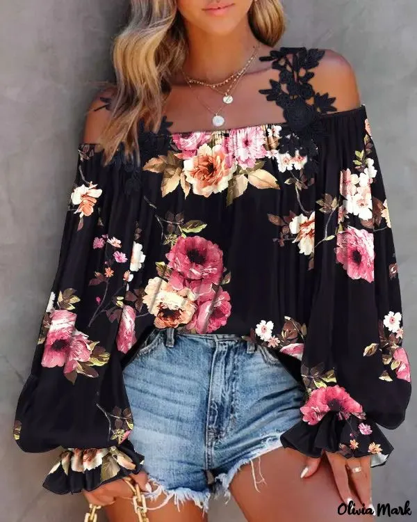 Deanwangkt - Floral Print Lace Patch Off Shoulder Top