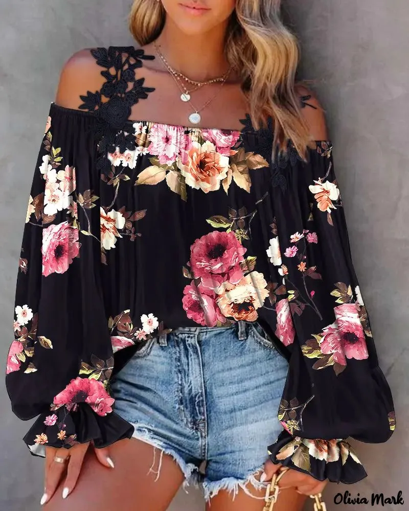 Deanwangkt - Floral Print Lace Patch Off Shoulder Top