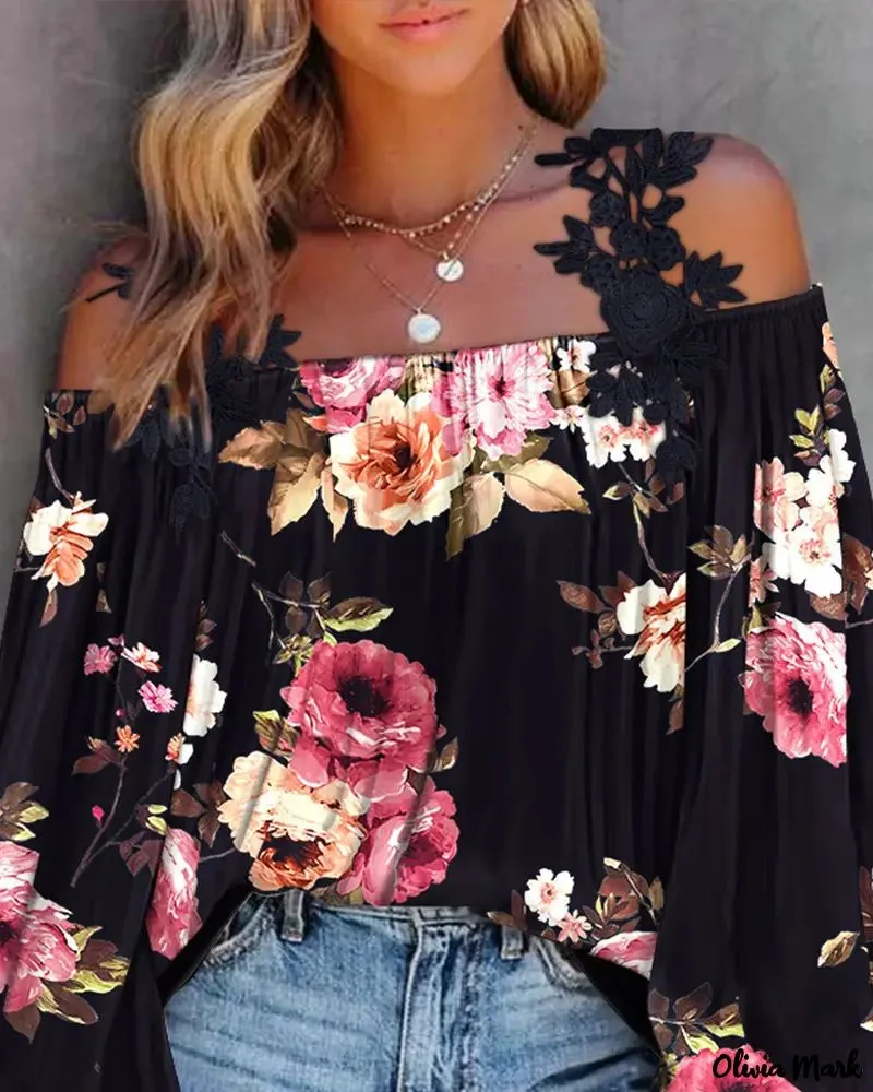 Deanwangkt - Floral Print Lace Patch Off Shoulder Top