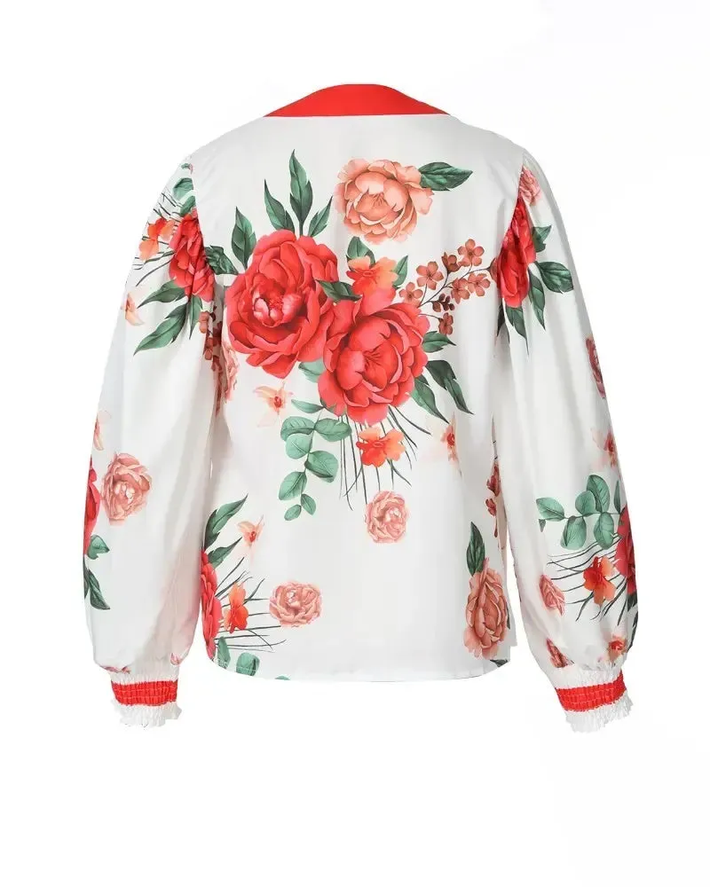 Deanwangkt - Floral Print Ruched Lantern Sleeve Top