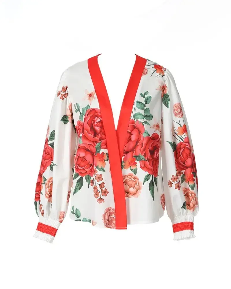 Deanwangkt - Floral Print Ruched Lantern Sleeve Top