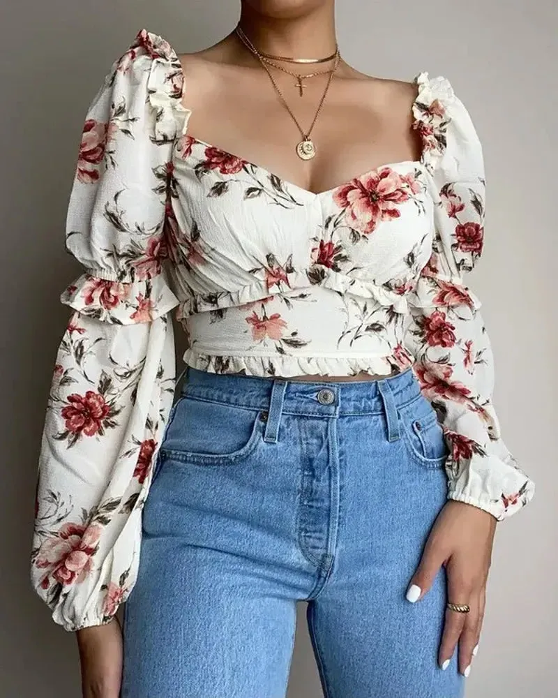 Deanwangkt - Floral Print Ruffle Hem Long Sleeve Crop Top