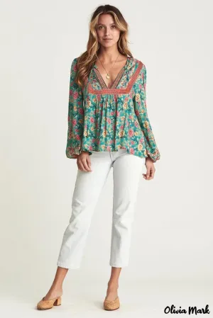 Deanwangkt - Green Floral Lantern Sleeve Blouse