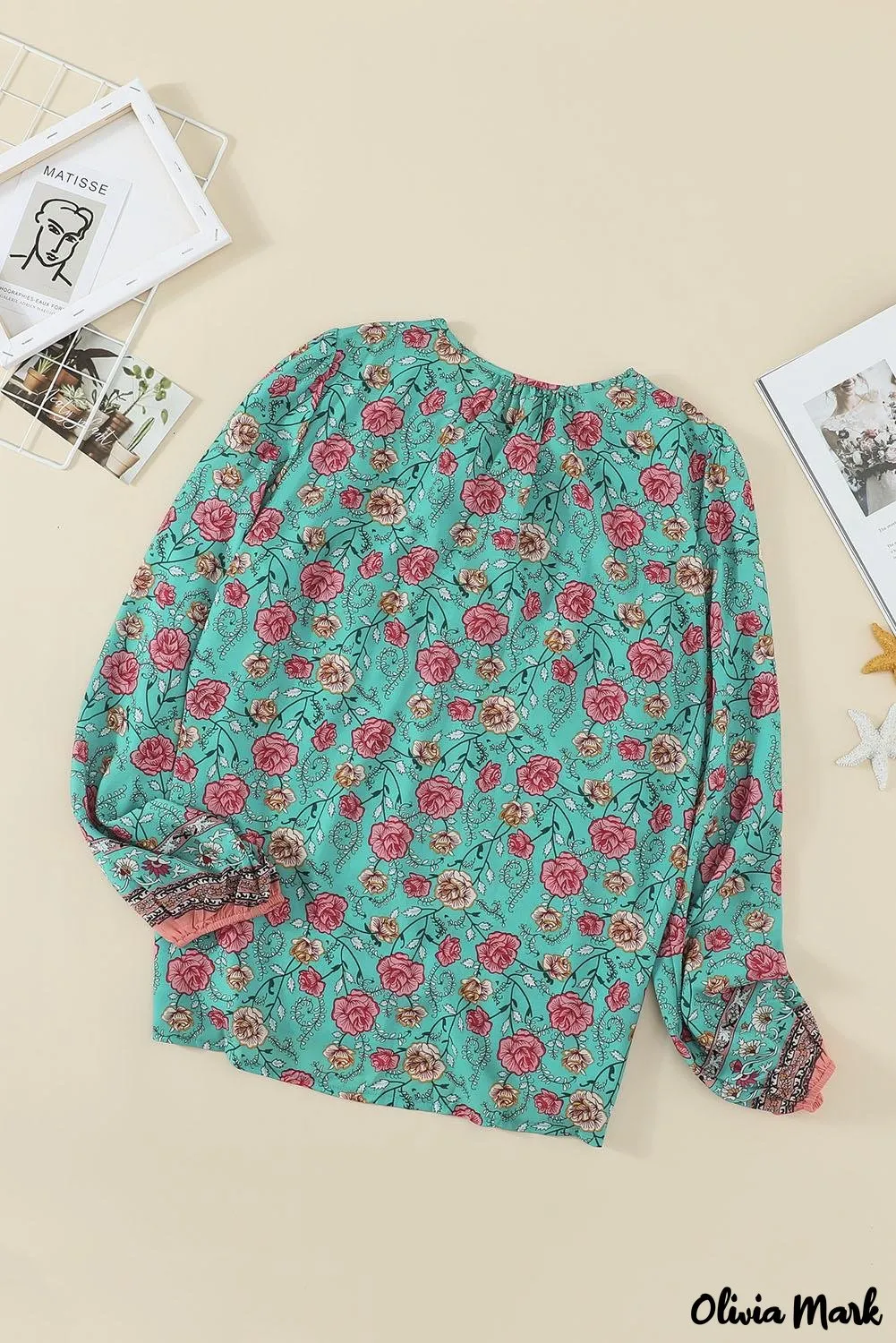 Deanwangkt - Green Floral Lantern Sleeve Blouse