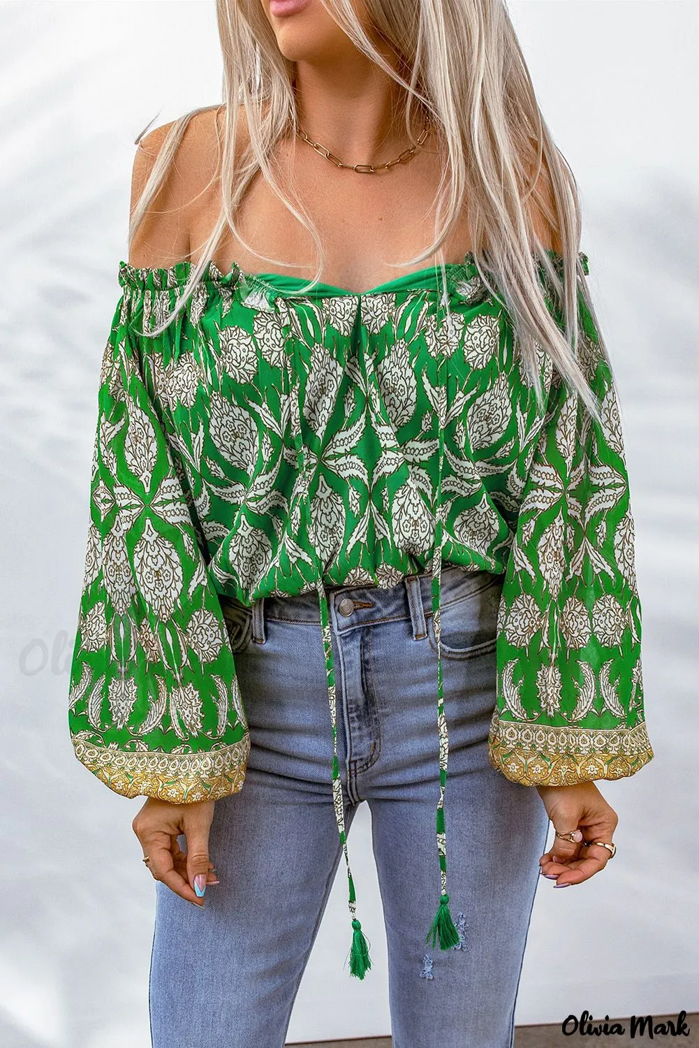 Deanwangkt - Green Floral Print Tie Shoulder Blouse