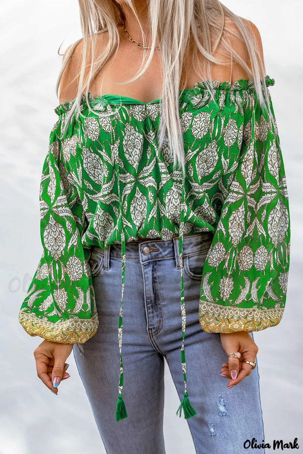 Deanwangkt - Green Floral Print Tie Shoulder Blouse