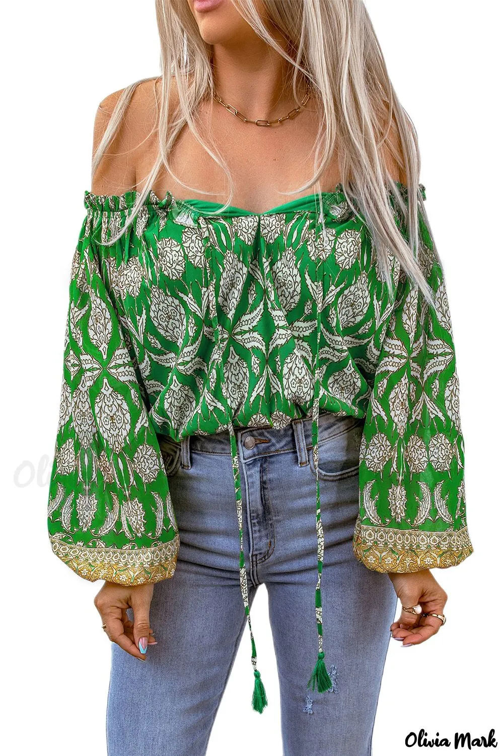 Deanwangkt - Green Floral Print Tie Shoulder Blouse