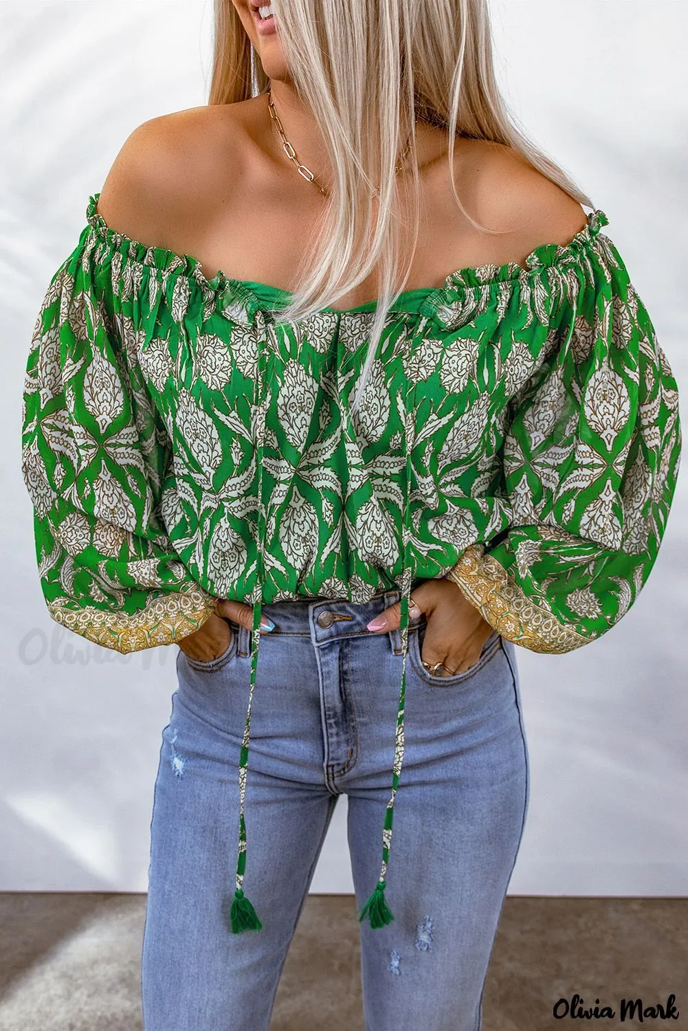 Deanwangkt - Green Floral Print Tie Shoulder Blouse