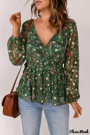 Deanwangkt - Green Floral Print Wrap V-Neck Peplum Top