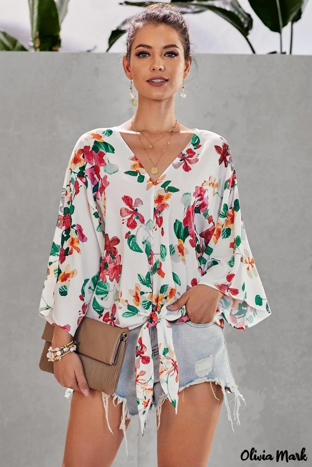 Deanwangkt - Multicolor Floral Print Deep V-Neck Tie Front Blouse